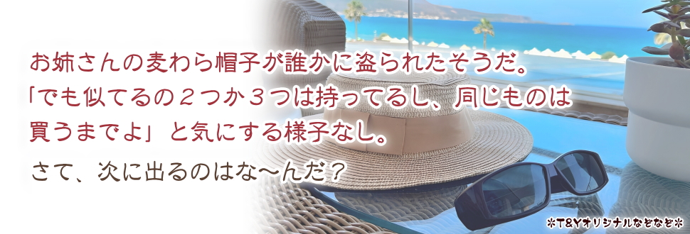 お姉さんの麦わら帽子が誰かに盗られたそうだ。
「でも似てるの２つか３つは持ってるし、同じものは買うまでよ」と気にする様子なし。
さて、次に出るのはな～んだ？